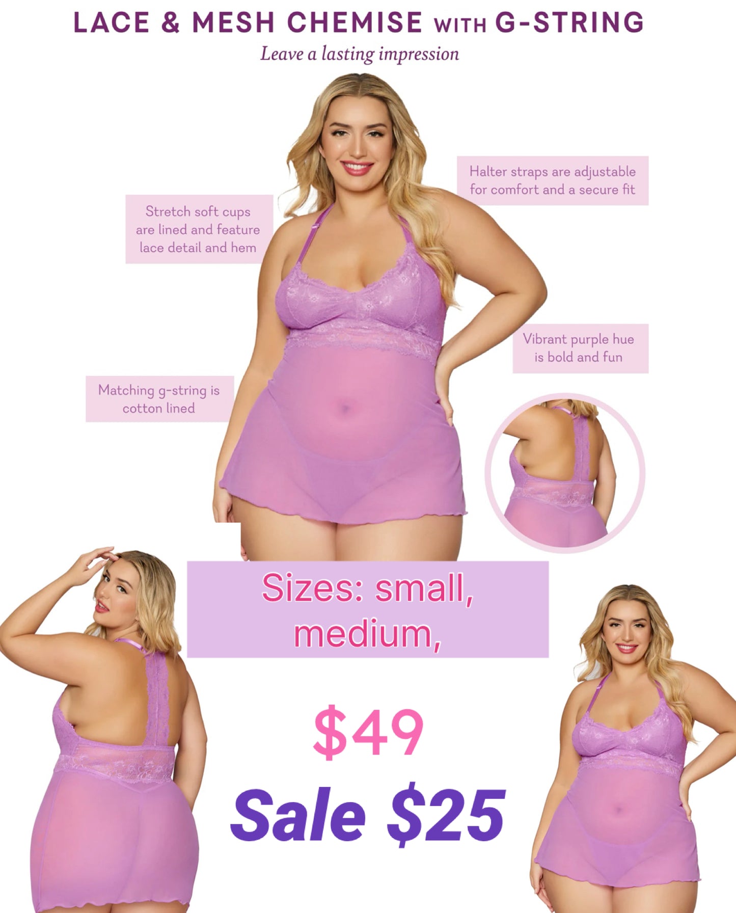 Lace & Mesh Chemise with G-Stirng (Med)